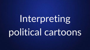 White text reading “Interpreting political cartoons” is centered on a plain dark blue background.
