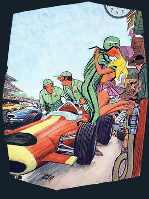 “I think he tries to squeeze too much into a forty-second pit stop!” - Cartoon by Dink Siegel / Playboy, September 1970.