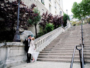 Love story in Paris Montmartre under the rain