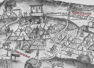 Wienerberg mit Bildseul (Spinnerin am Kreuz), links davon Hochgericht, links unten "Reder an der straß"**