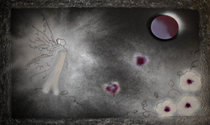 flying fairy in silver-purple with flowers 50x70