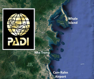Rainbow Divers Vietnam PADI Dive Center } Aerial Map Image of Nha Trang Coast showing Whale Island Location
