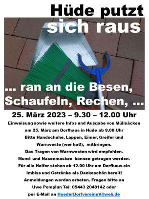 Plakat für Frühjahrsputzaktion Hüde 25.3.2023 ab 9.30 Uhr