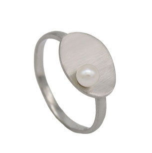 Edelstahl Ring RH472 mit Süßwasserperle und mattiertem Plättchen