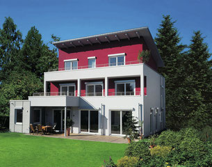 Modernes Einfamilienhaus in Rot- und Grautönen