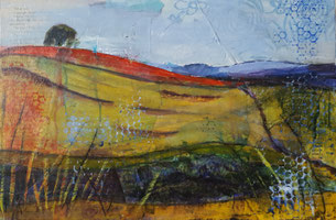 "Lords Hill poppy field" 23.2 x 34cm  mixed media on cradled board. LHp01mm  