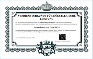 Andrea Christiane Spring, Künstlerin aus Worpswede, erhält die Verdiensturkunde für künstlerische leistung des Luxembourg Art Prize 2025