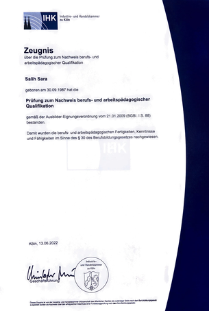 IHK Zeugnis Salih Sara zur Prüfung zum Nachweis berufs- und arbeitspädagogischer Qualifikation