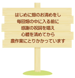 はじめに畑のお清めをし、毎回畑の中に入る前に感謝の祝詞を唱え、心軆を清めてから農作業にとりかかっています