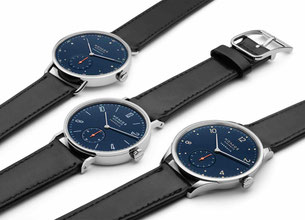 Die drei neuen Modelle in nachtblau/The three new watches in nightblue. Photo copyright: NOMOS Glashütte.