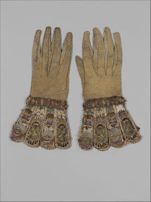 Helle Lederhandschuhe mit bestickter Partie. Handschuhe, Großbritannien, ca. 1600, MET Museum, Objektnr. 28.220.7, .8