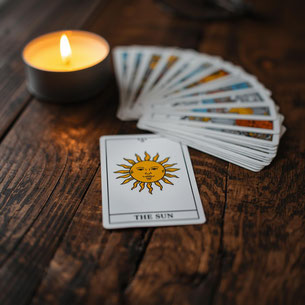 image d'un jeu de tarot de belline qu'on a étalé sur un bureau en bois, avec une bougie à côté. Une carte est visible, celle du soleil (l'inscription en bas de la carte est _Soleil_ et en haut _Belline_). Le jeu est posé 