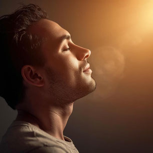 un homme est en méditation. son visage est de profil et il parait serein et positif, comme s'il paraissait écouter des messages invisibles de voyance