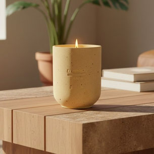 DaoZen - Bougie parfumée Ambre, pot effet pierre couleur miel. Notes ambrées, épicées et boisées, ambiance chaleureuse et enveloppante.