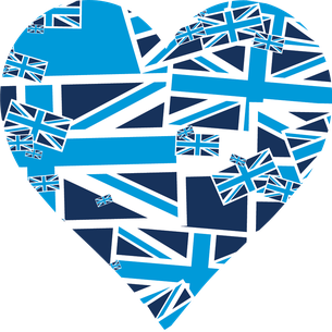 Light and Dark blue heart Union Jack Flags collaged in contemporary colours vinyl wall art sticker from www.wallartcompany.co.uk