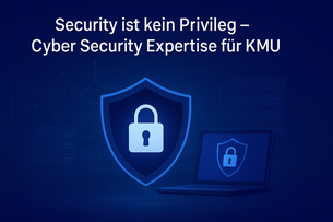 Digitales Schutzschild mit Laptop und Sicherheitsgrafiken auf blauem Hintergrund – Symbol für Cyber Security und Schutz von KMU-IT-Systemen
