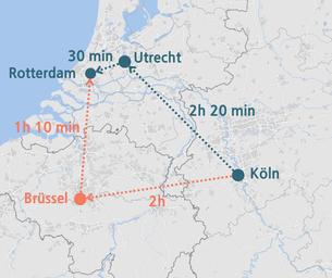 Zug von Köln nach Rotterdam - Karte von mapz.com