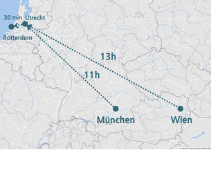 Zug von Wien und München nach Rotterdam - Karte von mapz.com