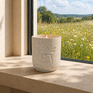 DaoZen - Bougie parfumée lavande, fabriquée artisanalement en Belgique. Pot violet dégradé en Jesmonite, parfum doux et apaisant.