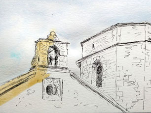 schritt für schritt anleitung, urban sketching, zeichnung fineliner, kirche, mit aquarell ausgemalt