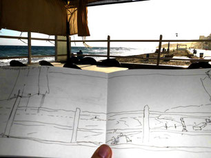 skizzenbuch zeichnung, resturant am strand mit meerblick