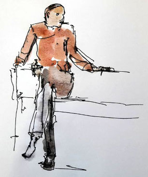 aquarellskizze und zeichnung, mann der auf parkbank sitzt