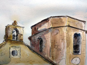 schritt für schritt anleitung, urban sketching, kirche altafulla, zeichnung und mit aquarell ausgemalt