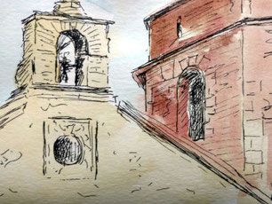 schritt für schritt anleitung, urban sketching, kirche altafulla, perspektive zeichnen mit aquarell ausmalen