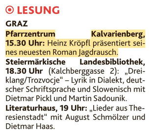 Lesung Graz Pfarrzentrum Kalvarienberg Heinz Kröpfl präsentiert seinen neuesten Roman Jagdrausch 12. Februar 2026