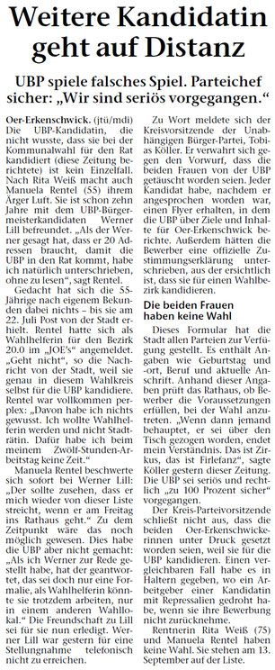 Artikel in der STIMBERG ZEITUNG am 21. August 2020: Weitere Kandidatin geht auf Distanz