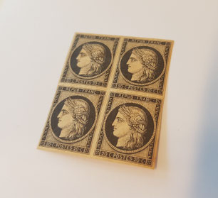 Bloc de 4 timbres classiques 20 centimes noir Cérès