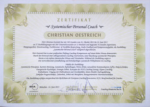 Zertifikat zum Systemischen Personal Coach. Die Ausbildung erfolgte entsprechend den Richtlinien der European-Coaching-Association, ECA, Berufsverband für Coaches.