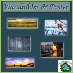 Kachel „Wandbilder & Poster“ mit mehreren Fotografien aus Rheinhessen – Weinberge, Natur, Städte und Landschaften als Wandbilder und Poster im Rhoihesse on Tour Shop.