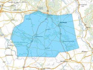 Carte multiplex Bourges étendu, canal 10C, fréquence DAB+ 213.360 MHz