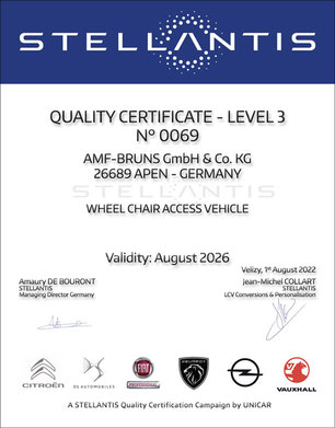 Bild von einem Zertifikat von Stellantis: Quality Certificate - Level 3 - AMF-Bruns ist zertifizierter Aufbauhersteller.
