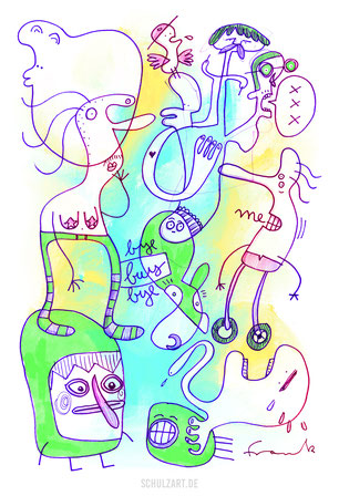 Verrückte Figuren springen herum vor grün-gelbem Hintergrund, gezeichnet mit Procreate von Illustrator Frank Schulz