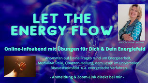 Werbeplakat Let the energy flow, Online Infoabend, Foto mit Christina Lechner