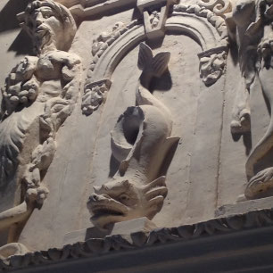 Cheminée, gypse, détail, dauphin, emblème, Dauphiné