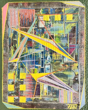 Abstraktes Leinwandbild mit kräftigen Farben und geometrischen Formen, verschmolzen mit handgearbeitetem Holzrahmen. Symbolisiert die seelische Homöostase – ein innerer Balanceprozess zwischen Chaos und Ordnung, Stabilität durch ständige Selbstregulation.