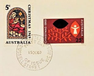Jesus Christ and Christmas on main part of an Australian first day cover of 1969; Topical and thematic stamp collecting or collection
