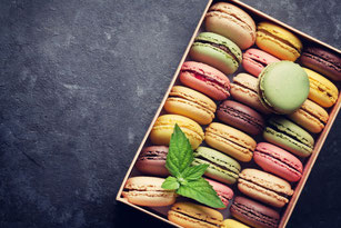 Colorful macarons in a box. One of the best sweet treat from Mediterranean area.