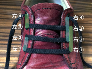 ハトメ4穴の場合・靴ひもを左1と右1に通したら、左1から左2~右2から右4、右1から右3~左3から左4へ