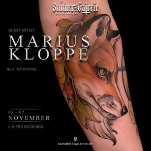 Guest Artist Marius Kloppe bei der Schmerzgalerie Bad Oeynhausen – Neo Traditional Fuchs Tattoo, Guest Spot 05.–07. November, limitierte Termine.