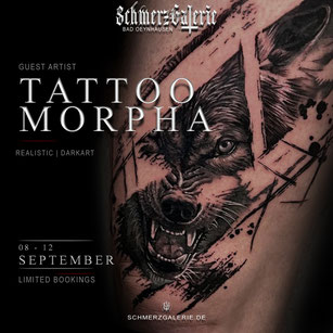 Exklusiver Tattoo Termin bei Tattoomorpha sichern – realistisches Dark Art Wolf Motiv in der Schmerzgalerie Bad Oeynhausen, 08.–12. September, schnell ausgebucht