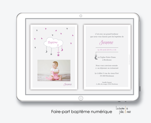 faire part bapteme fille numérique-Faire-part baptême digital-électronique-fichier Pdf-nuage blanc-à imprimer soi même