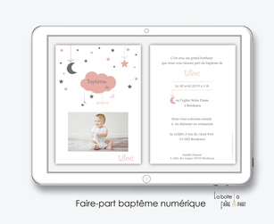 faire part bapteme fille numérique-Faire-part baptême digital-électronique-fichier Pdf-nuage lune etoile