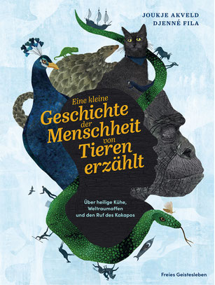Auf dem Cover von "Eine kleine Geschichte der Menschheit" sind Köpfe von Tieren, angeordnet ähnlich einer Weltkugel. Darauf kleine Bilder von Menschen, Tieren, einem Schiff und einer Rakete.