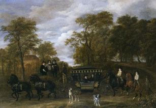 Cornelis de Graeff mit seiner Familie bei der Ankunft in Soestdijk. Gemalt von Jacob van Ruisdael und Thomas de Keyser, (1656/1660, National Gallery of Ireland) (Wikimedia Commons)