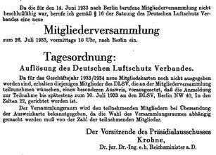 Annonce de dissolution de l'association DLSV, Luftschutz Rundschau juin 1933