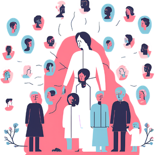 Dessin représentant une famille avec des liens transgénérationnels. Il y a une femme au centre avec des enfants et grands-parents devant elle et des visages tout autours représentants des aïeux.  